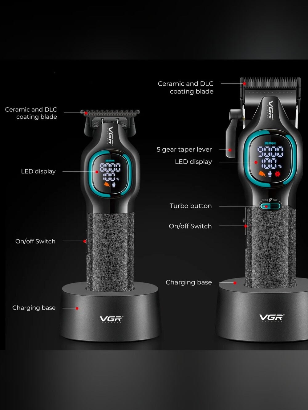 Cordless Hair Clipper with LED Display – Black with Teal Accents